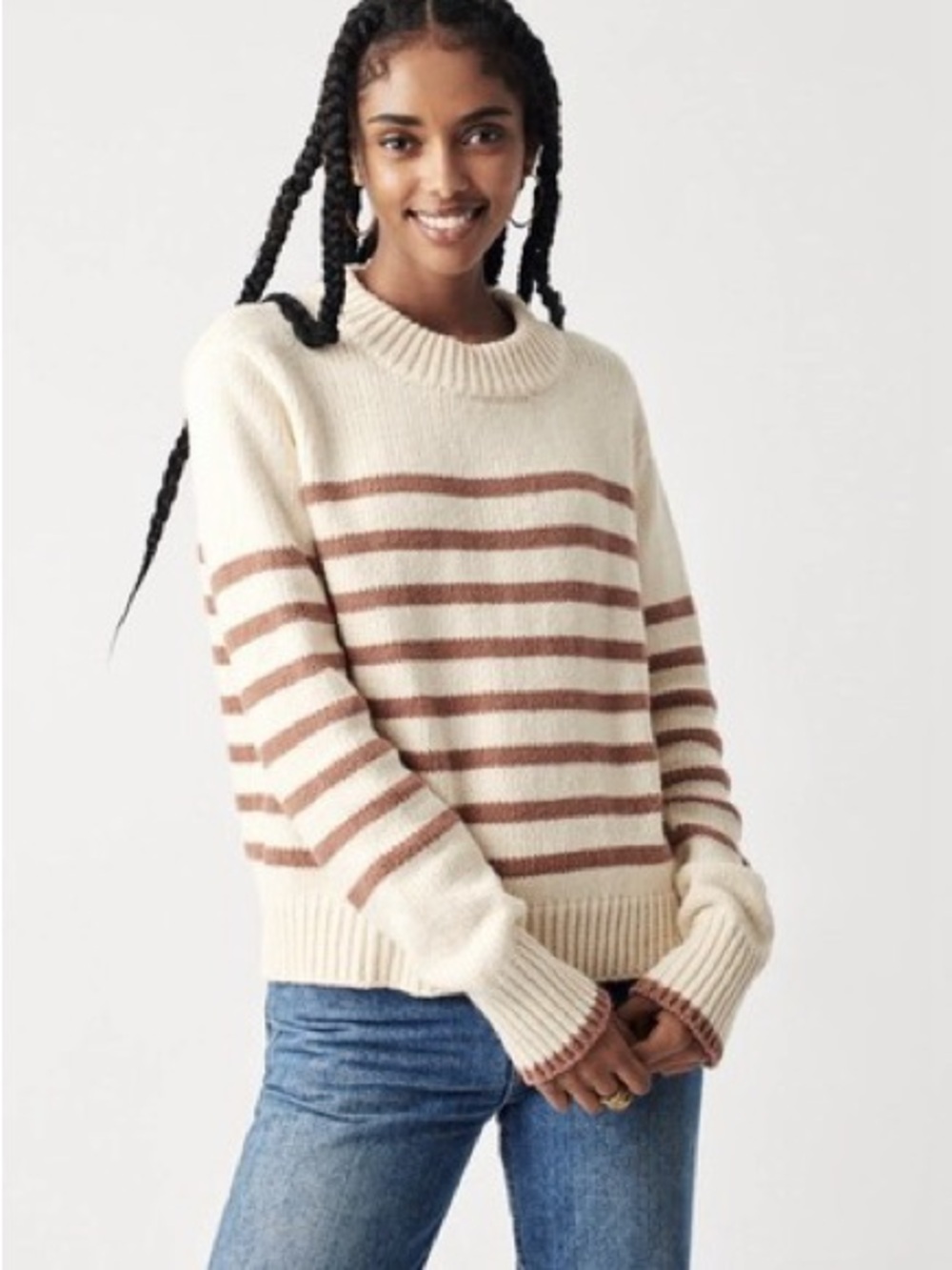 Faherty Cuddle Striped Crew Sweater in Chai Stripe Size Small